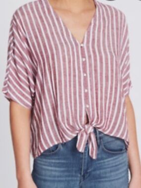 Rails Thea Tie Front Top Milos Stripe Linen Blend Casual Red White